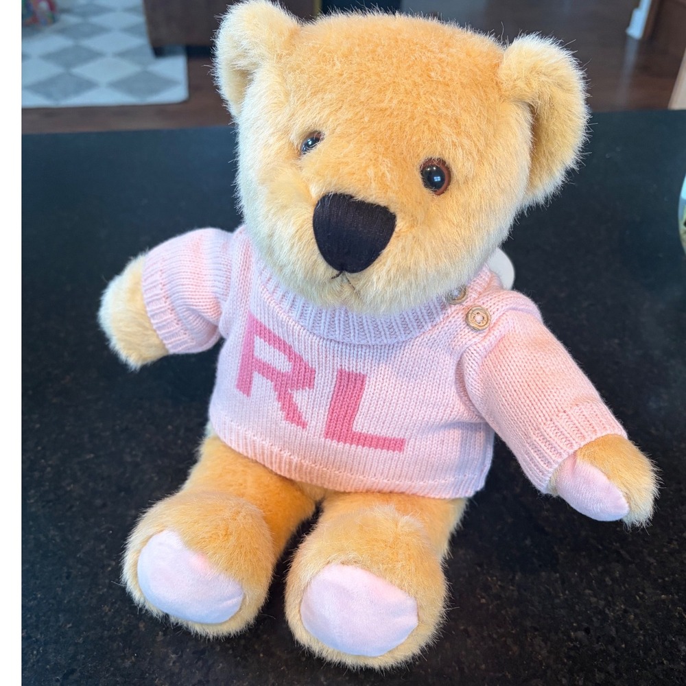 Ralph Lauren Polo Bear Plush Tan Teddy Bear Pink RL Logo Knit Sweater Designer